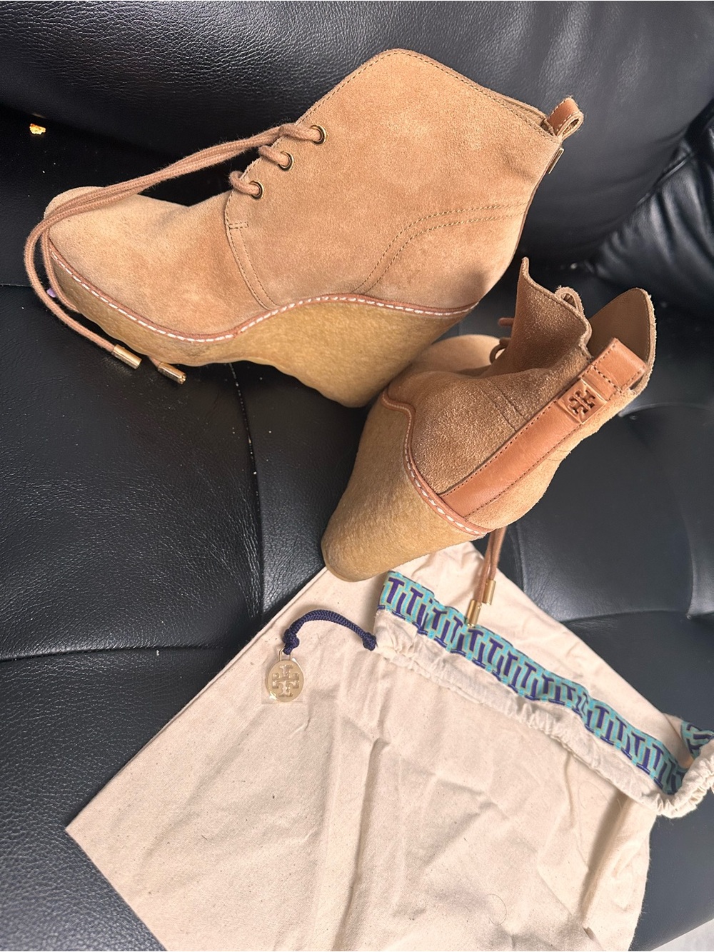 Tory Burch Camel Suede Lace-Up Wedge Booties